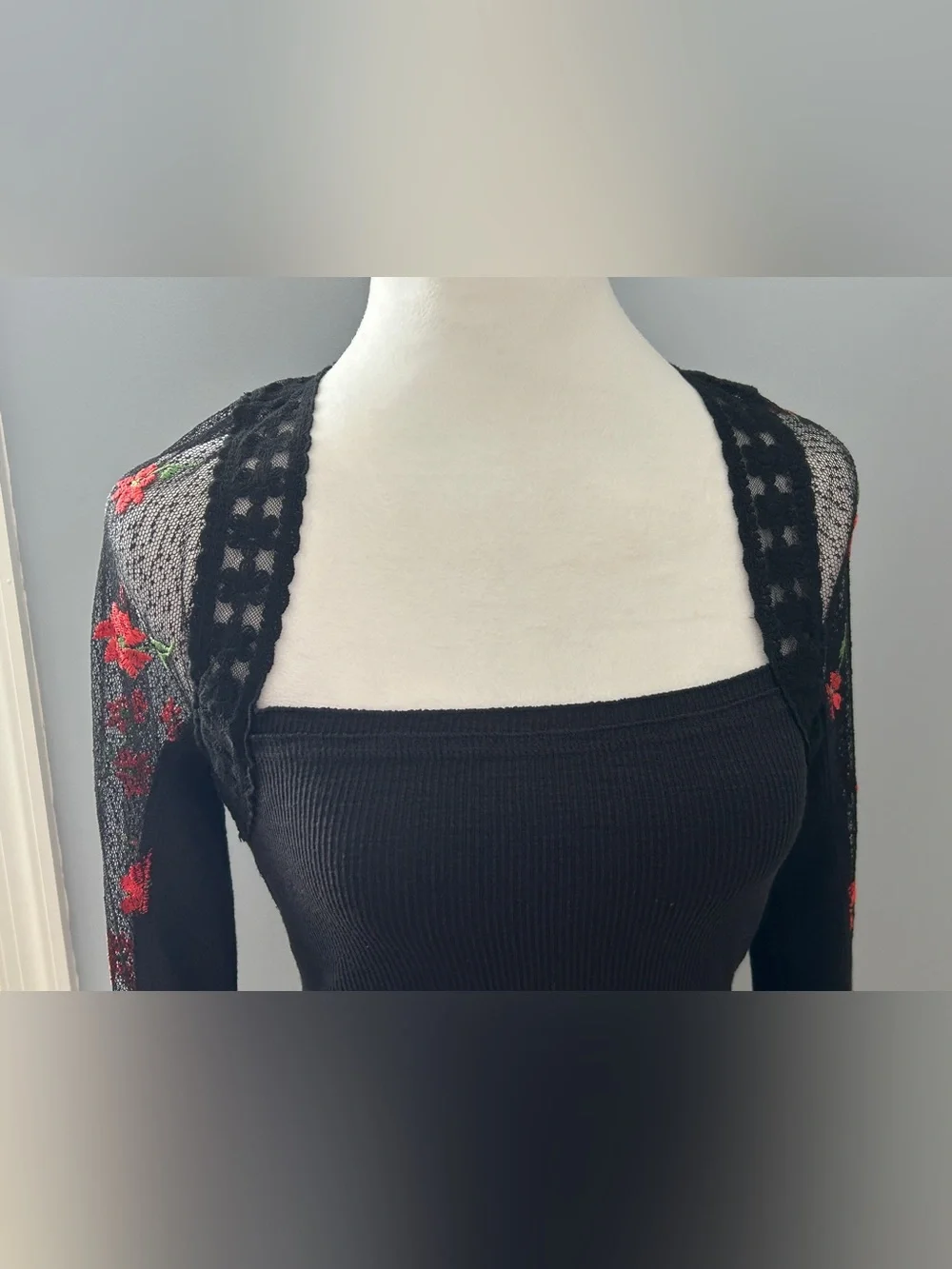 Free People Black Ribbed Crop Top Embroidered Mesh Sleeve Red Floral XS/S Y2K